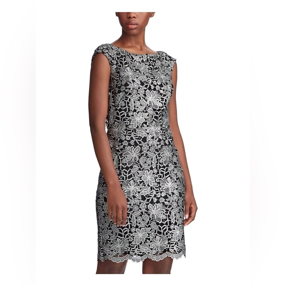Lauren Ralph Lauren Cocktail Dress 14 Black Silver Metallic Floral Coquette Luxe